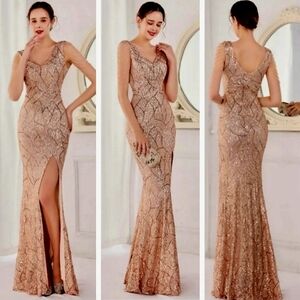 Rose Gold, V Neck, Backless,  Sleeveless,  Rhinestones,  Sequined Mermai…